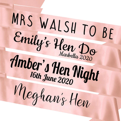 Personalised Hen Party Sash - Rose Gold